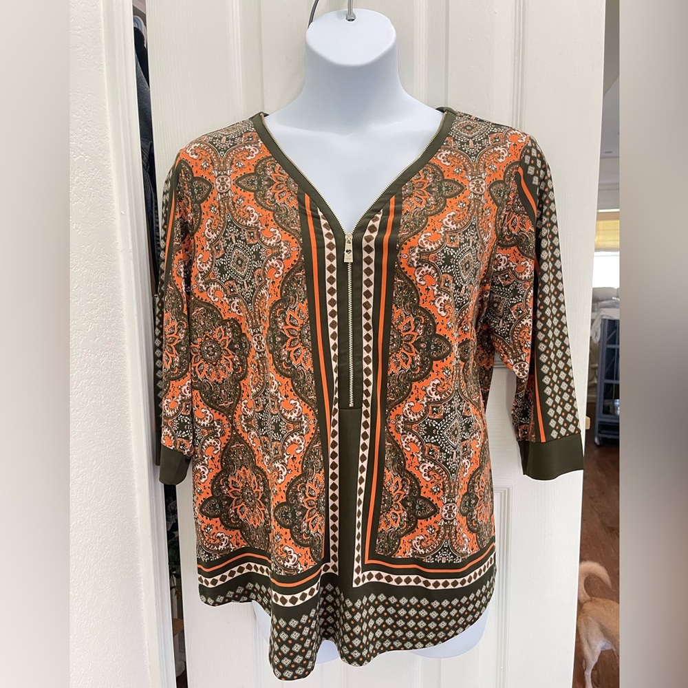 Belle by Kim Gravel Orange and Green Blouse